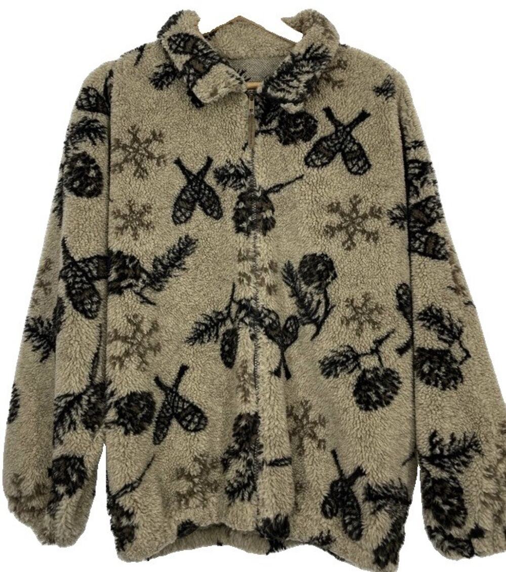 Vtg Pendleton Brown Cabin Ski Pattern Deep Pile Sherpa Fleece Jacket Sz Medium